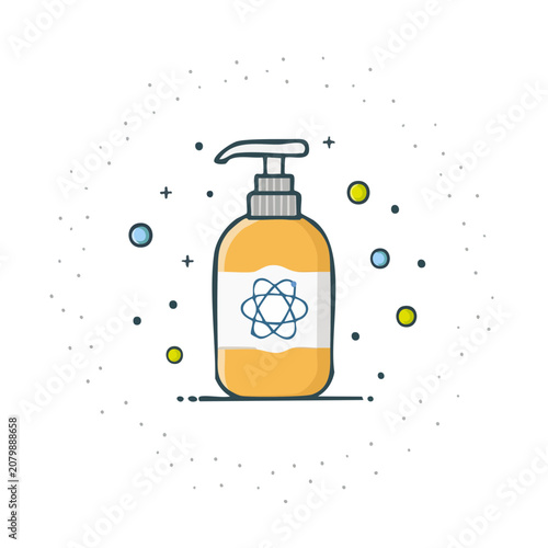 Orange soap dispenser with atom symbol flat vector illustration