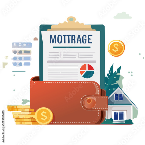 Mortgage concept with wallet, house, and coins vector illustration