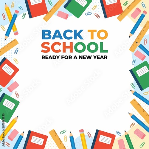 Back to School Illustration Frame with Books and Stationery Ready