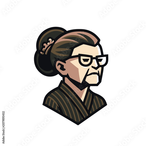 Vintage Elderly Woman Mascot Logo with Glasses in Flat Vector Illustration