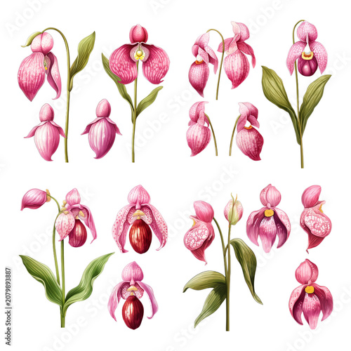Botanical Collection of Pink Lady's Slipper Orchids Illustration Set Isolated on White Background