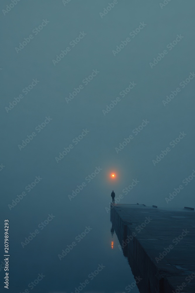 Fototapeta premium Figure stands on a dock in fog with a distant light shining in the background during early morning hours on a quiet body of water