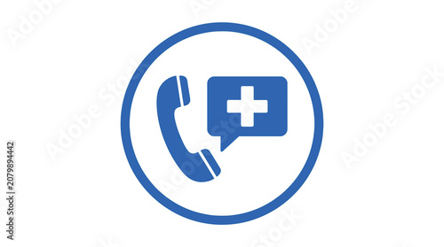Blue telephone handset icon with a medical cross symbol inside a speech bubble graphic design