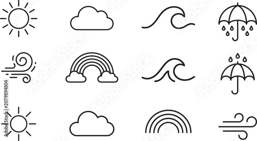Bild auf Leinwand Weather icon set featuring sun cloud rainbow wave wind and rainy umbrella graphics in minimal line art style perfect for meteorological forecasting applications or weather reports