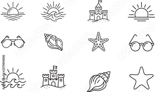 Summer beach icon set featuring sunrise ocean waves sand castle seashell starfish and classic vintage eyewear styles for tropical vacation holiday design and web assets.