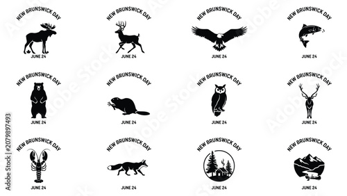 Tableau sur toile Black and white wildlife icons celebrating regional heritage on june 24 holiday