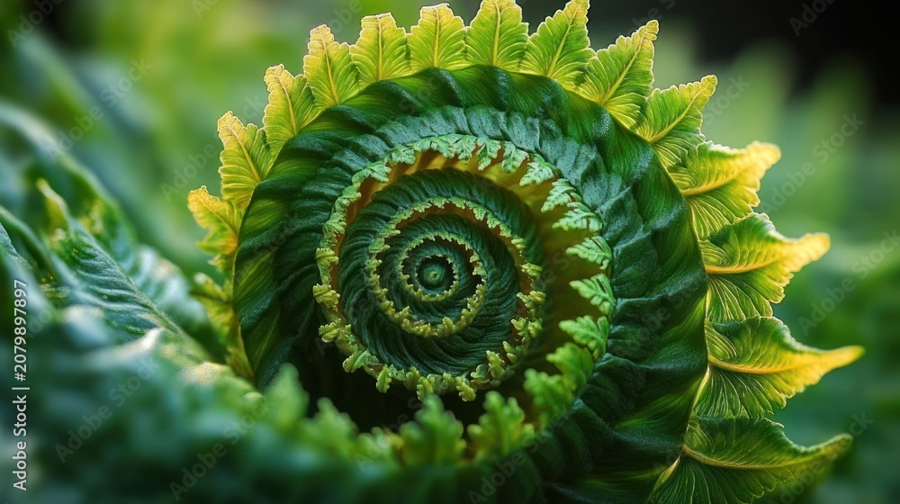 Fototapeta premium Macro close-up of a spiral unfurling fern frond with layered vibrant green leaflets and soft blurred background, evoking a serene, mesmerizing sense of growth