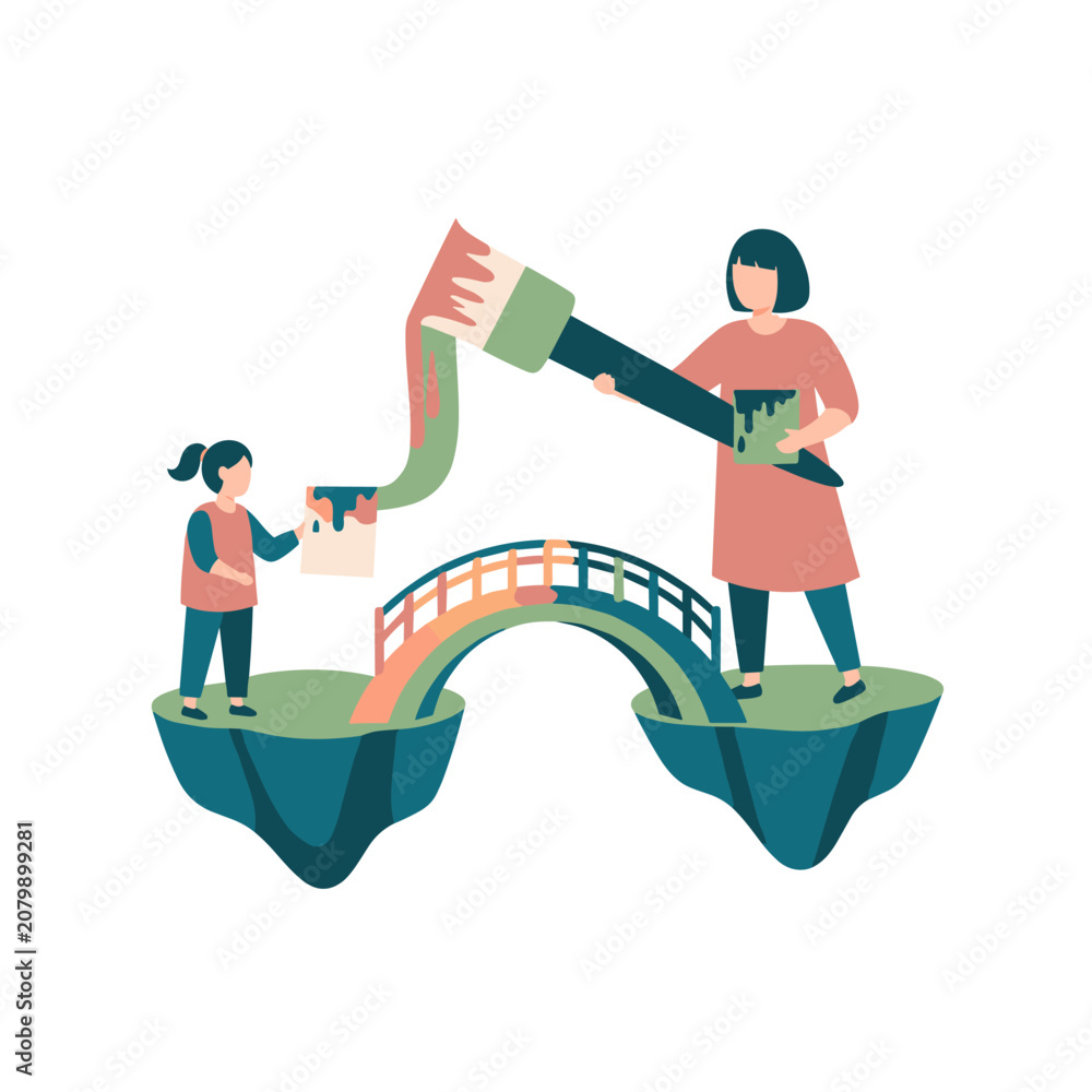 Fototapeta premium Girls painting a bridge between floating islands.