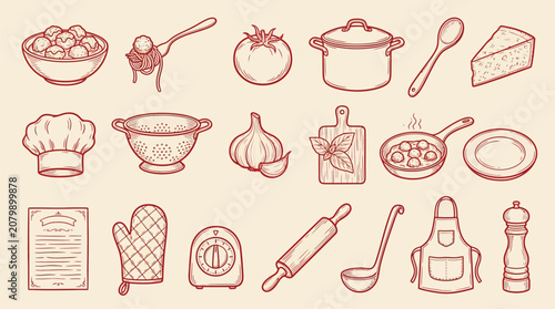 Bild auf Leinwand Collection of hand-drawn culinary icons representing ingredients and kitchen tools for cooking and food preparation