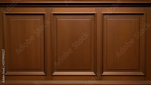 Elegant dark walnut wood paneling interior wall decor background design texture pattern surface.