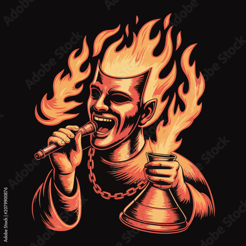Foto Illustration of a screaming man on fire.