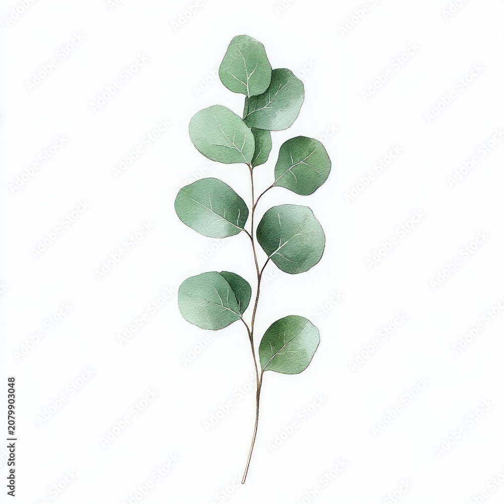 Obraz premium single slender stem with round green leaves on white background, serene minimalist botanical study