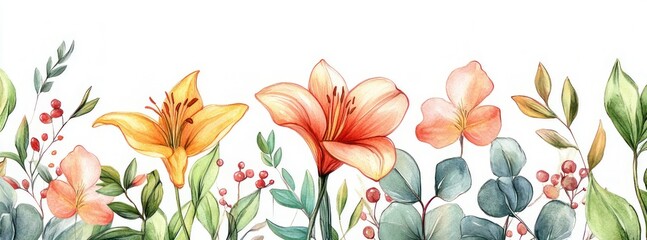 Horizontal watercolor botanical border with orange and peach lilies, small pink blossoms, red berries, eucalyptus and green foliage on white background conveying delicate cheerful calm