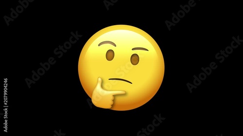 3D Animated thinking emoji face with hand on chin on alpha channel