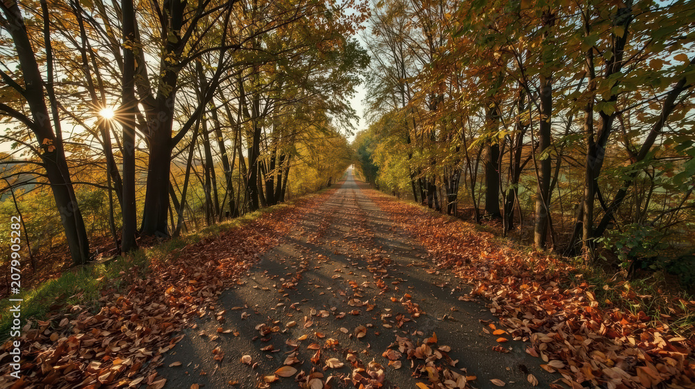 Naklejka premium Autumn country lane lined with trees and fallen leaves under warm sunlight