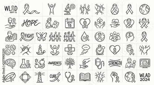 Quadro em tela Collection of hand-drawn icons representing health, hope, and awareness, including medical symbols and ribbons