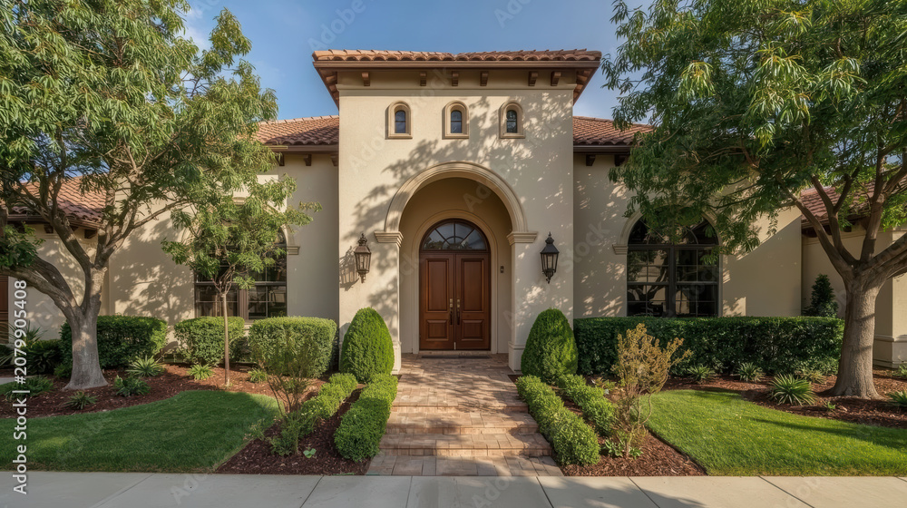 Fototapeta premium Mediterranean house entrance with arched doorway, tile roof and manicured garden