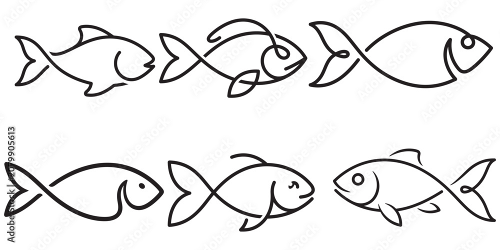 Fototapeta premium Set of continuous line drawing illustrations of fishes.