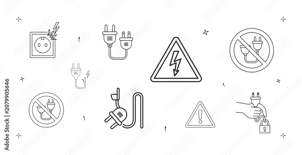 Fototapeta premium Set of electrical hazard and safety warning icons for industrial power and energy risk control