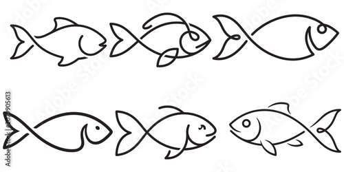 Set of continuous line drawing illustrations of fishes.