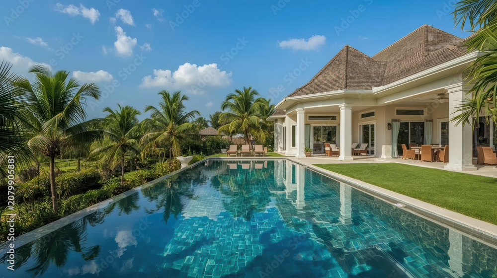 Fototapeta premium Luxury villa exterior with infinity pool and tropical garden, serene bright sky