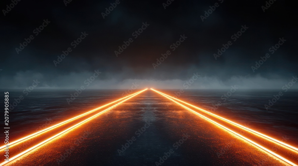 Fototapeta premium Wet asphalt road with glowing orange neon lines converging to a distant vanishing point under a dark stormy sky and low fog, creating a dramatic futuristic and eerie mood