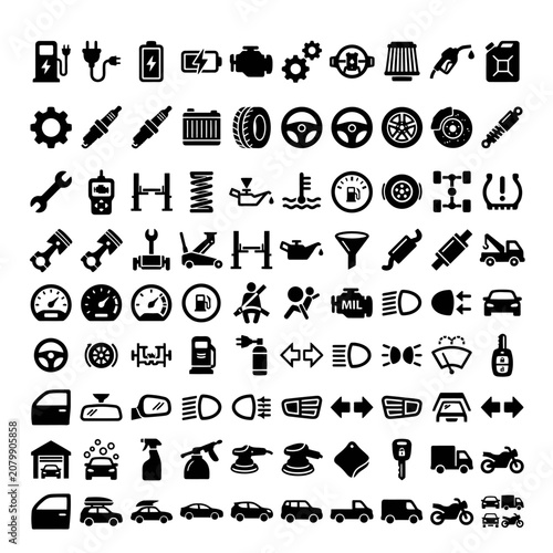 Automotive Icons Set - Essential Symbols for Car Maintenance and Repair.