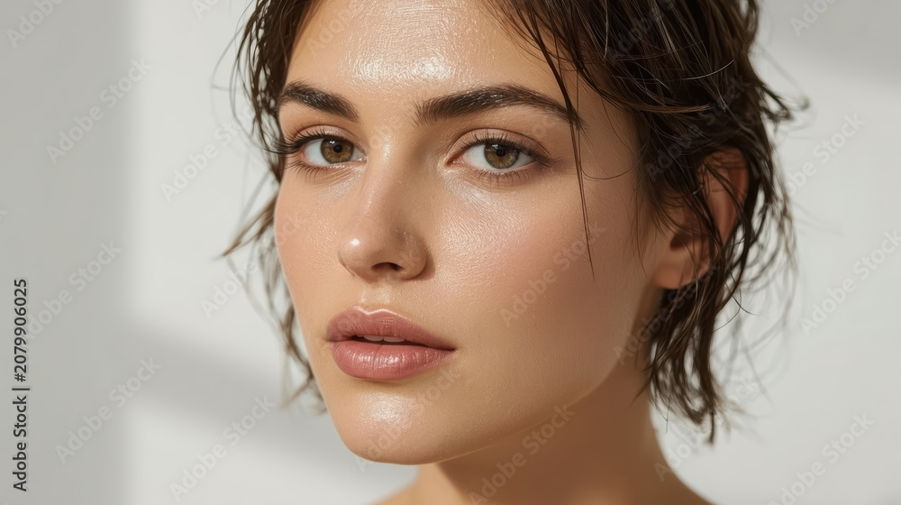 Naklejka premium Wet hair close up portrait of woman with glowing skin and neutral makeup