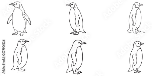 Set of continuous line drawing illustrations of penguins.