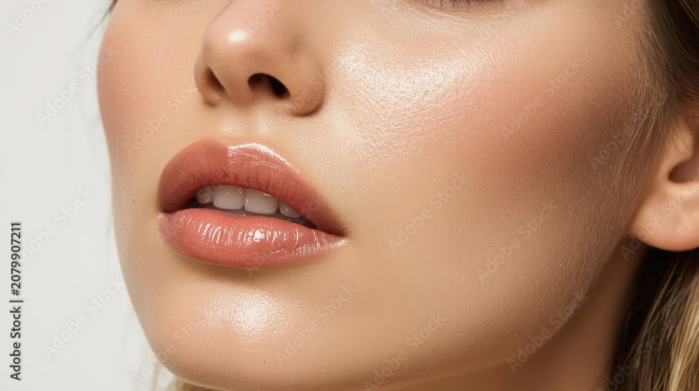Fototapeta premium Glossy lips close up beauty portrait with dewy skin and soft lighting