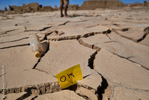 Obraz na płótnie Cracked earth with ok note showing environmental crisis