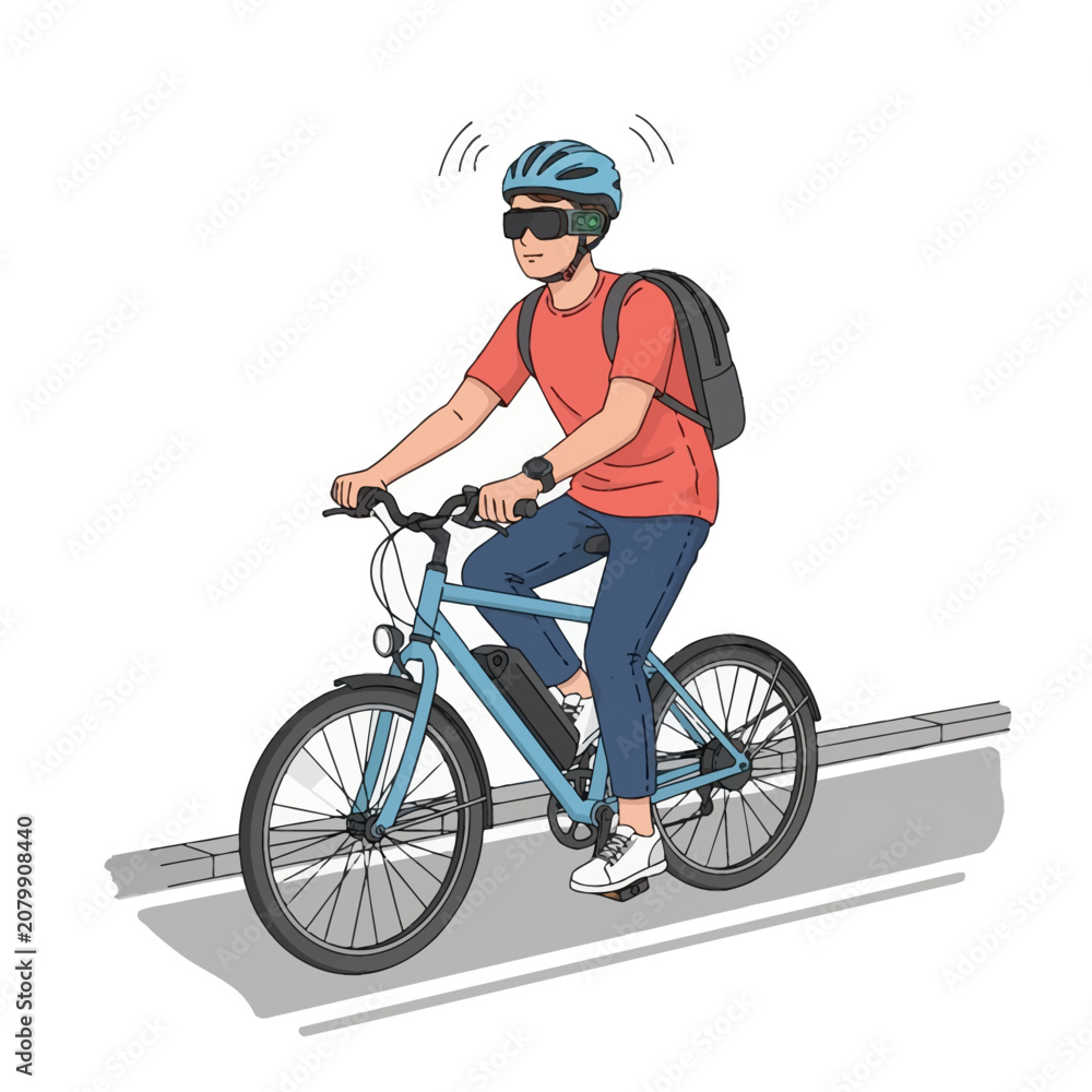 Fototapeta premium Vector illustration of a young man riding a blue electric bicycle wearing smart AR glasses, a helmet, and a backpack. Depicts urban commuting, e-mobility, and smart technology.