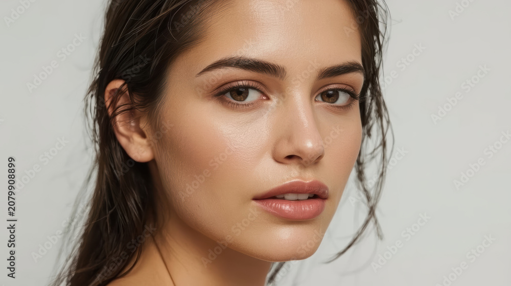 Fototapeta premium Wet hair portrait of young woman with glowing skin and neutral makeup