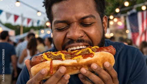 Man Biting Loaded Hot Dog