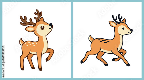 Set of two cute cartoon young deer with antlers standing and running vector illustration