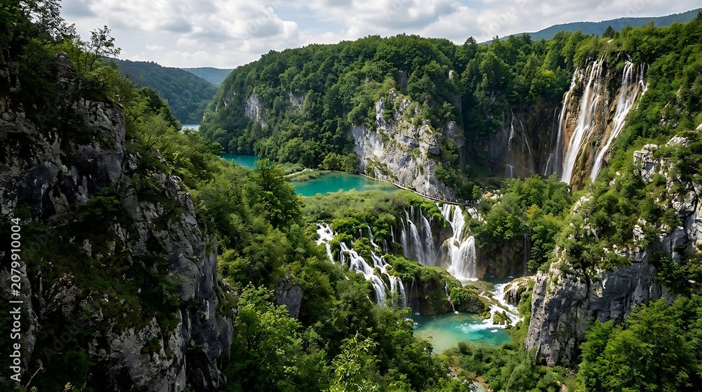 Obraz premium Panoramic view of waterfalls and turquoise lakes in a green canyon