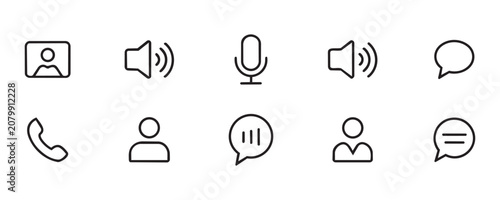 Simple black outline icons for online communication tools showing microphone audio speakers telephone receiver user avatars and speech bubbles vector set.