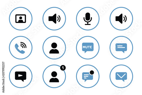 Collection of blue and black icons in circular frames including mute status message alerts email notifications and call signals for mobile applications.