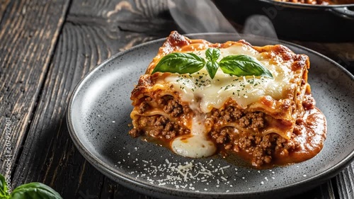 Delicious steaming lasagna dish with melted mozzarella cheese, herbs, and basil on a dark plate, rustic wooden table