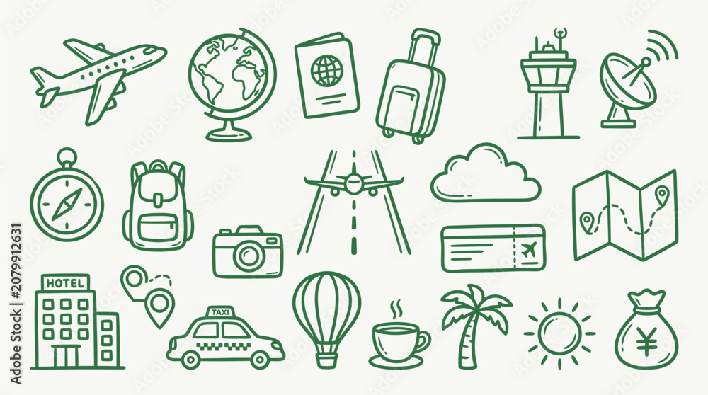 Fototapeta premium Collection of travel and vacation icons, including airplane, globe, passport, suitcase, and map.