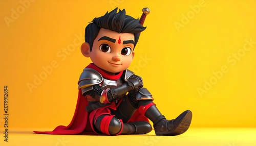 Charming Cartoon Knight - A Delightful Illustration of a Brave Young Warrior in Armor.