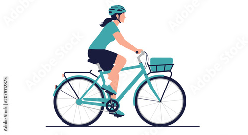 Active young woman wearing a safety helmet and riding a turquoise bicycle with a front basket on white background.