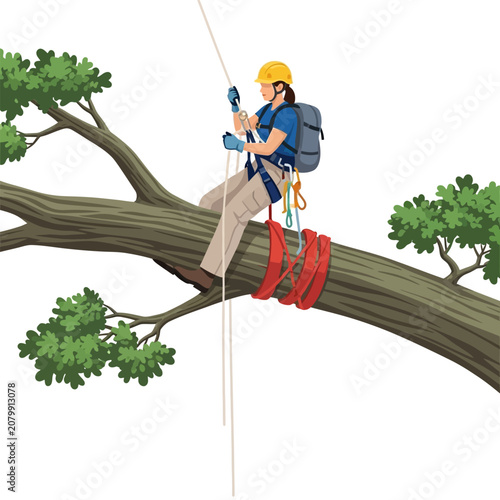Bild auf Leinwand Female Tree Climber Ascending Giant Oak Branch