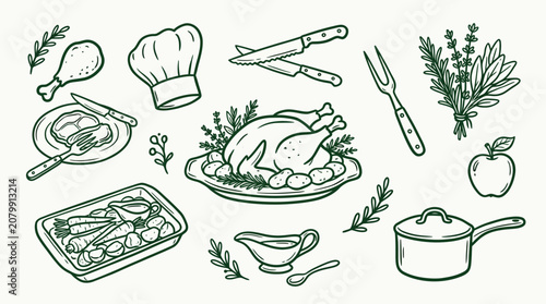 Schilderij op canvas Hand-drawn illustration of a Thanksgiving dinner spread with a roasted chicken, side dishes, and cooking utensils