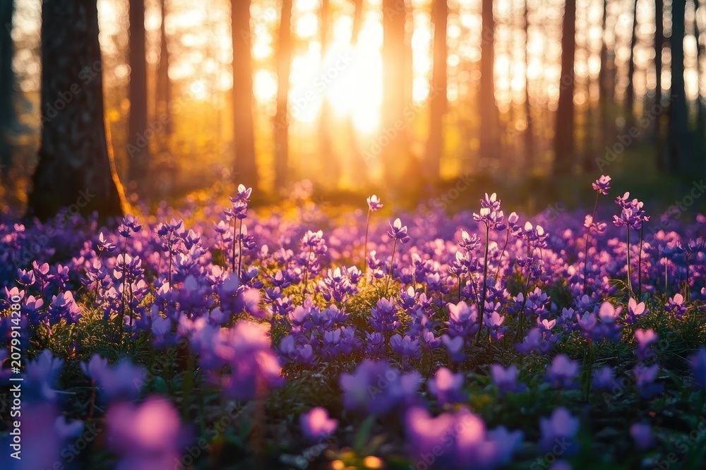 Naklejka premium sunlit carpet of purple wildflowers on a forest floor among tall tree trunks, warm golden light creating a peaceful, magical morning atmosphere