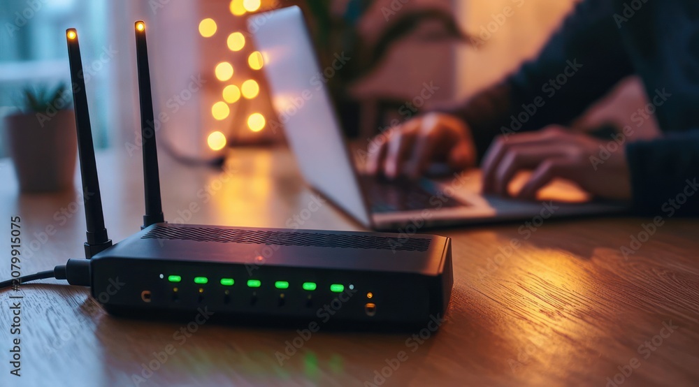 Fototapeta premium wifi router with dual antennas and glowing green lights on a wooden desk, blurred hands typing on a laptop in warm bokeh evening light conveying cozy focused work