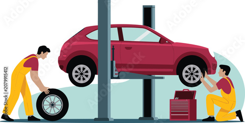 Car mechanic workers repairing vehicle on hydraulic lift hoist in auto service garage shop vector illustration