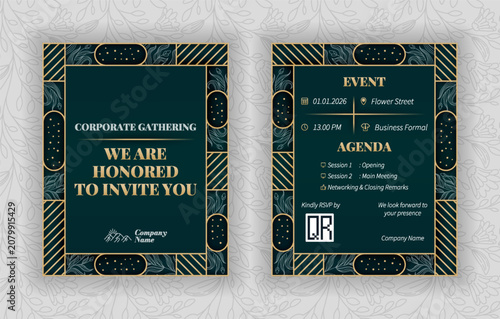 Elegant dark green and champagne gold corporate invitation card, editable vector template with We Are Honored to Invite You for business gala event