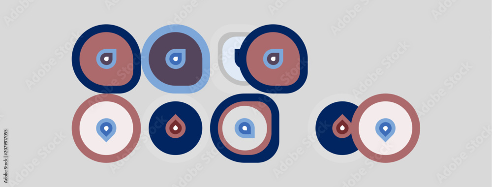 Naklejka premium Colorful circular designs resembling eyes. Patterns include blue, pink, gray tones. Minimalist aesthetic, possibly protective amulets or symbols.