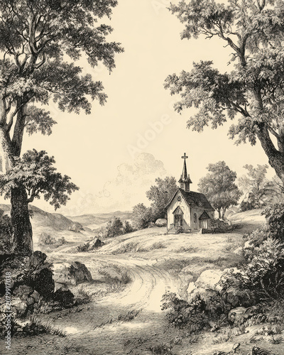 Vintage Blue Ink Landscape Illustration with Rural Church. AI generative.